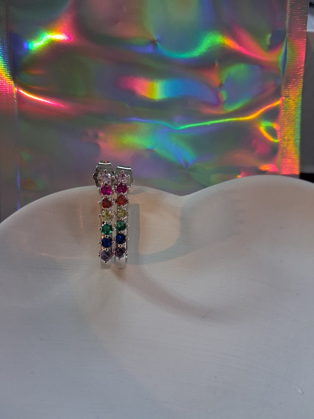 Sterling Silver Rainbow Gemstone Hoop Earrings - Multi-Color